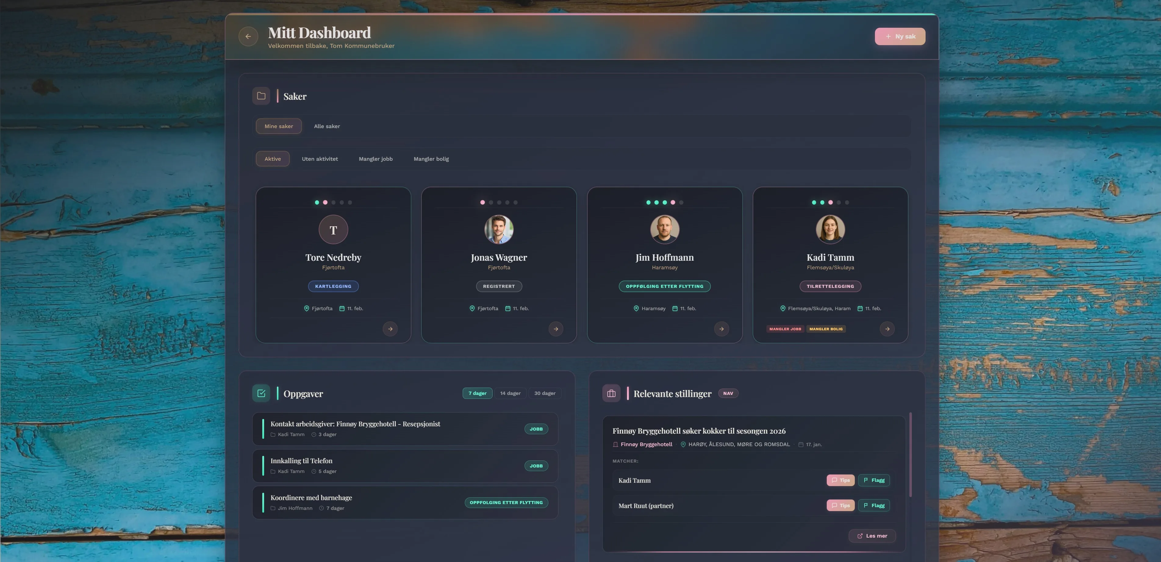 Freysta Ferd dashboard med saksoversikt, oppgaver og relevante stillinger
