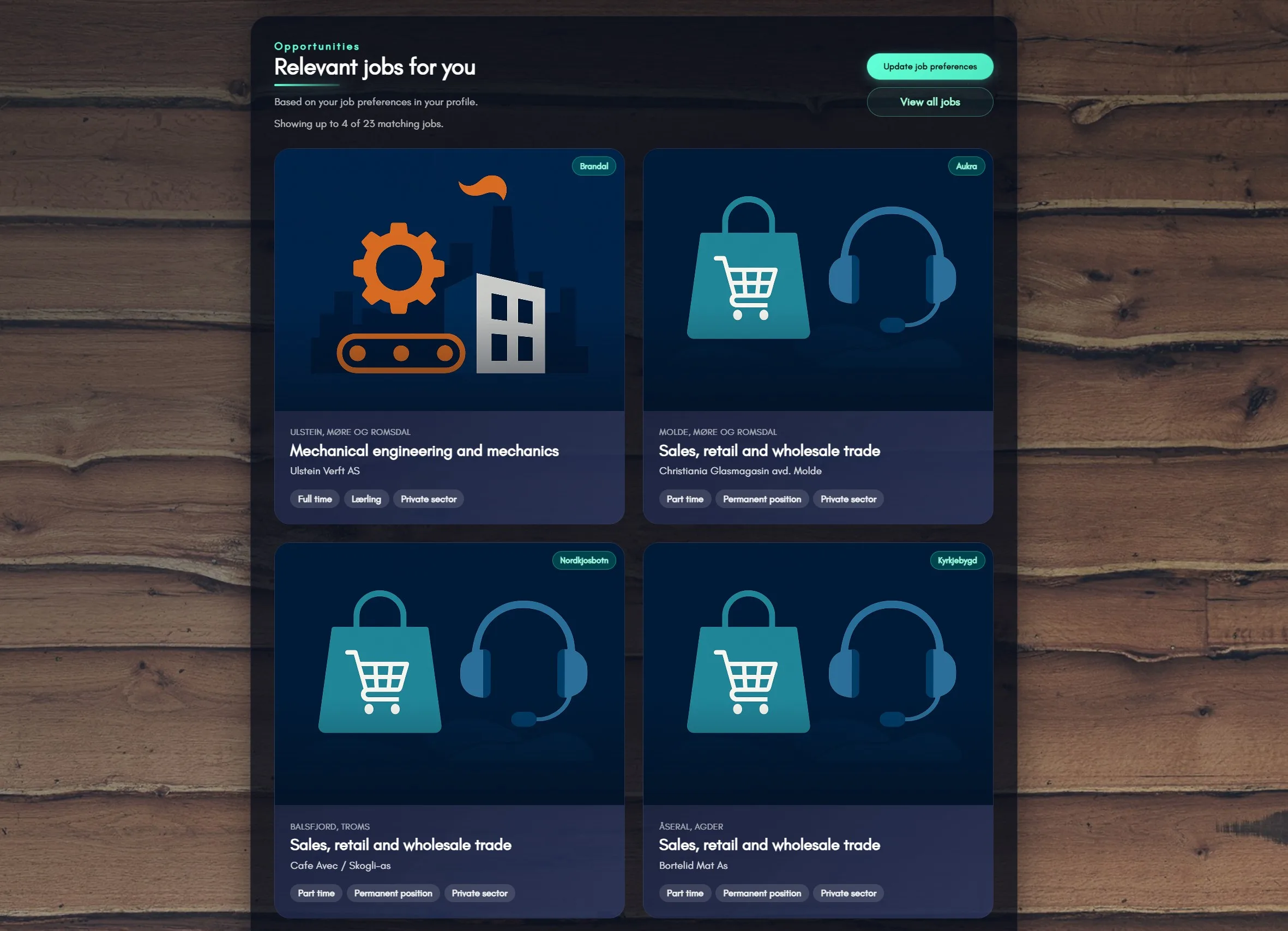 Screenshot of Freysta portal showing job listings linked to Norwegian villages