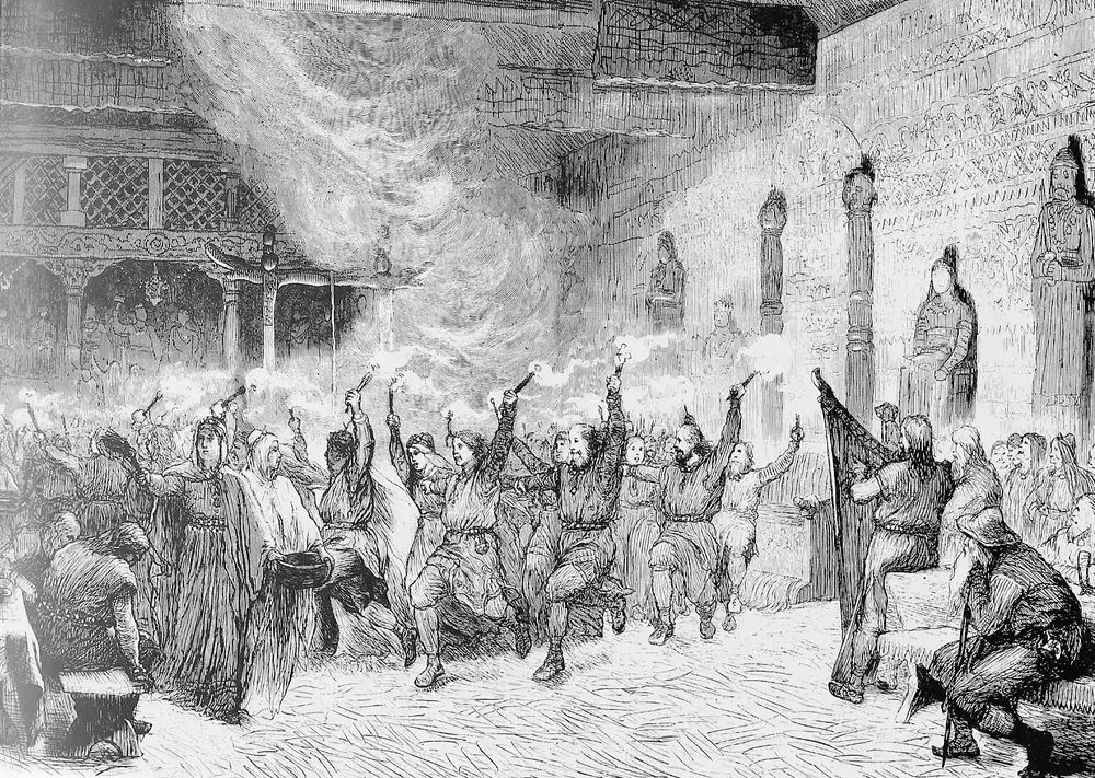 19th-century illustration of a Norse sacrificial feast inside a Viking hall, with dancers, torches, and an altar