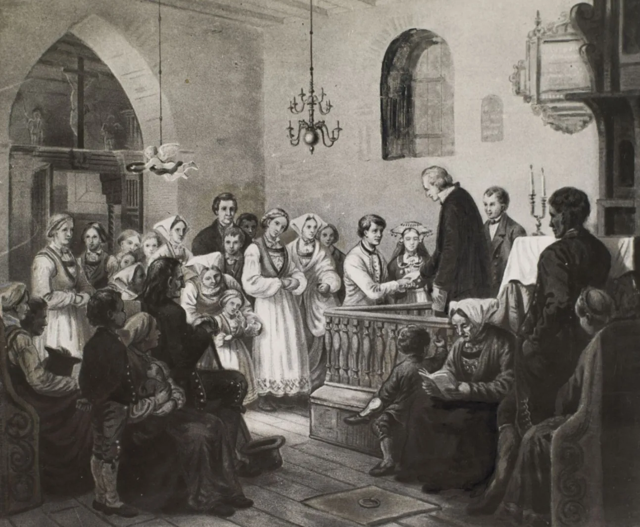 19th-century black-and-white illustration of a Norwegian church wedding, with a priest addressing the couple as villagers crowd the pews inside a wooden church