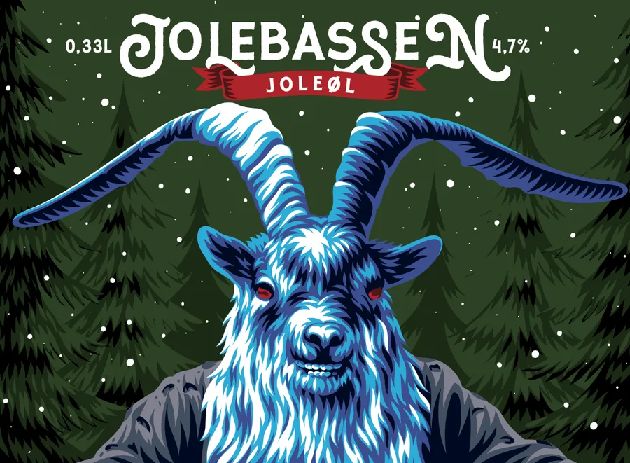 Beer label for Jolebassen Joleøl showing a blue goat in the snow