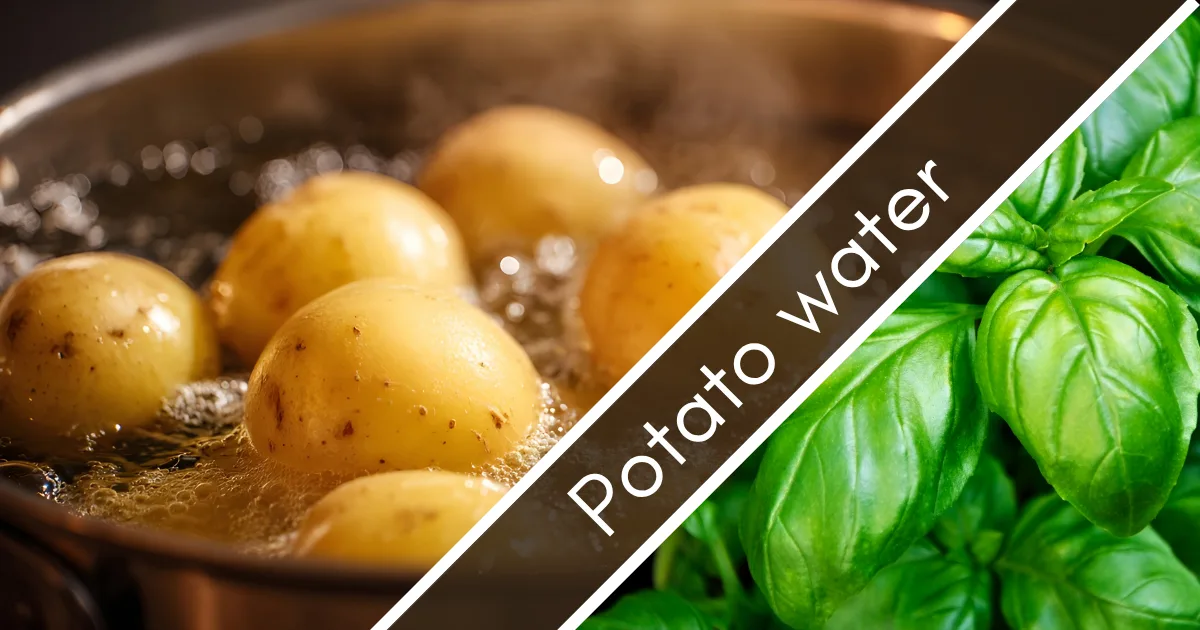 Section banner for Potato Water fertilizer: boiling potatoes in a pot paired with fresh basil leaves