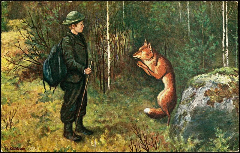 Illustration by Theodor Kittelsen of Askeladden meeting a fox in the forest