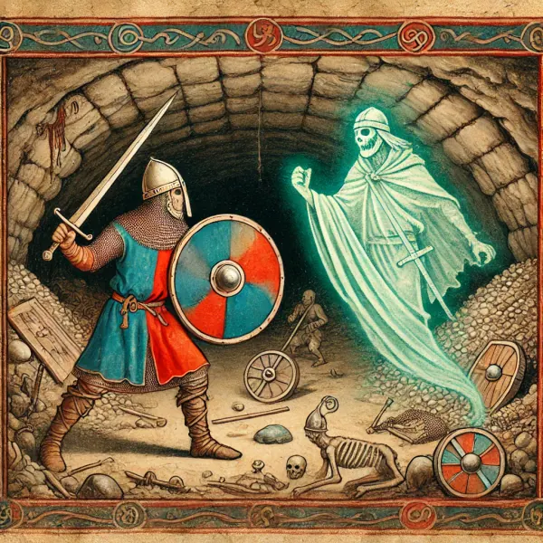 Illustration of a Viking warrior battling a ghostly draugr in a dark barrow mound