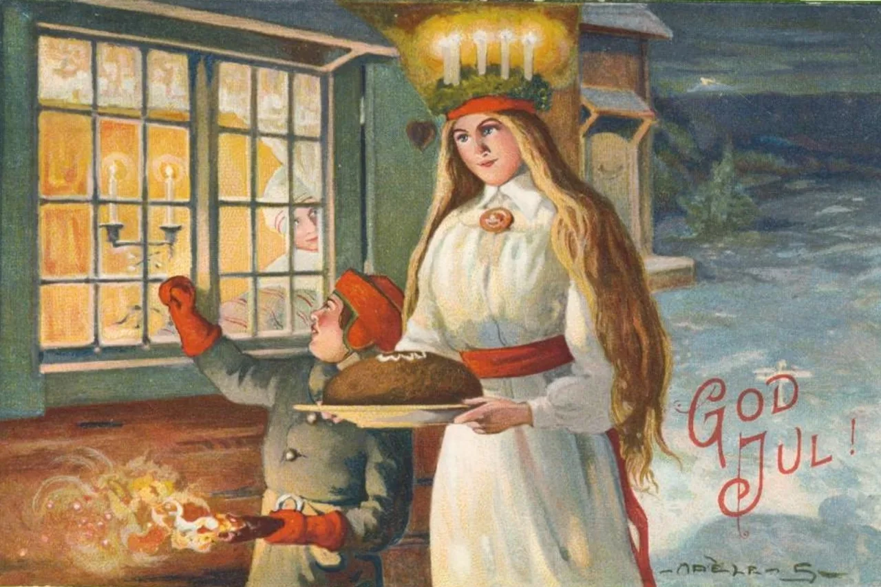 Vintage Saint Lucia Christmas card showing Lucia with candle crown