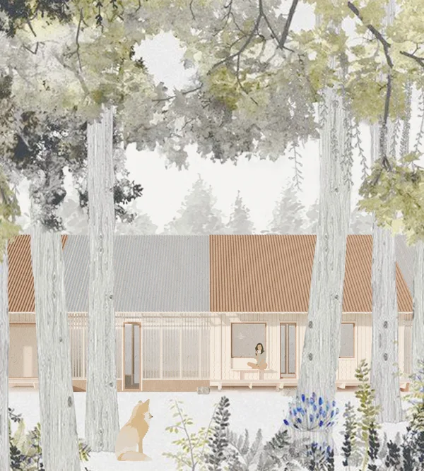 Watercolor illustration of a Reveskogen home nestled among birch trees with a fox in the foreground