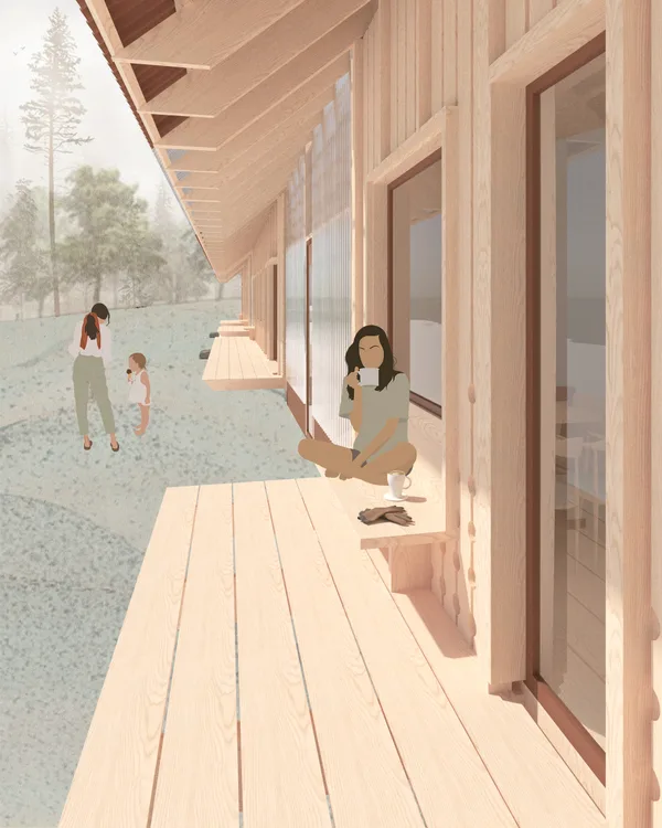 Illustration of a woman relaxing on a wooden veranda at Reveskogen while a mother and child play in the garden