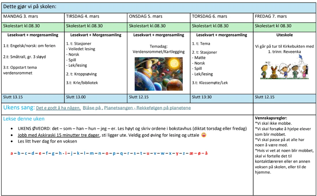 A typical weekly plan for a second-grader in Norway, showing subjects and activities