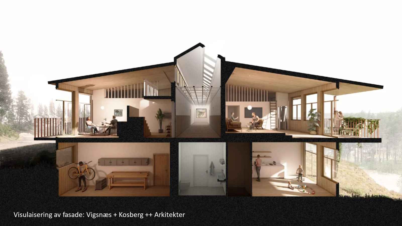 Architectural cross-section illustration showing the planned apartments inside the converted Verket School in Folldal