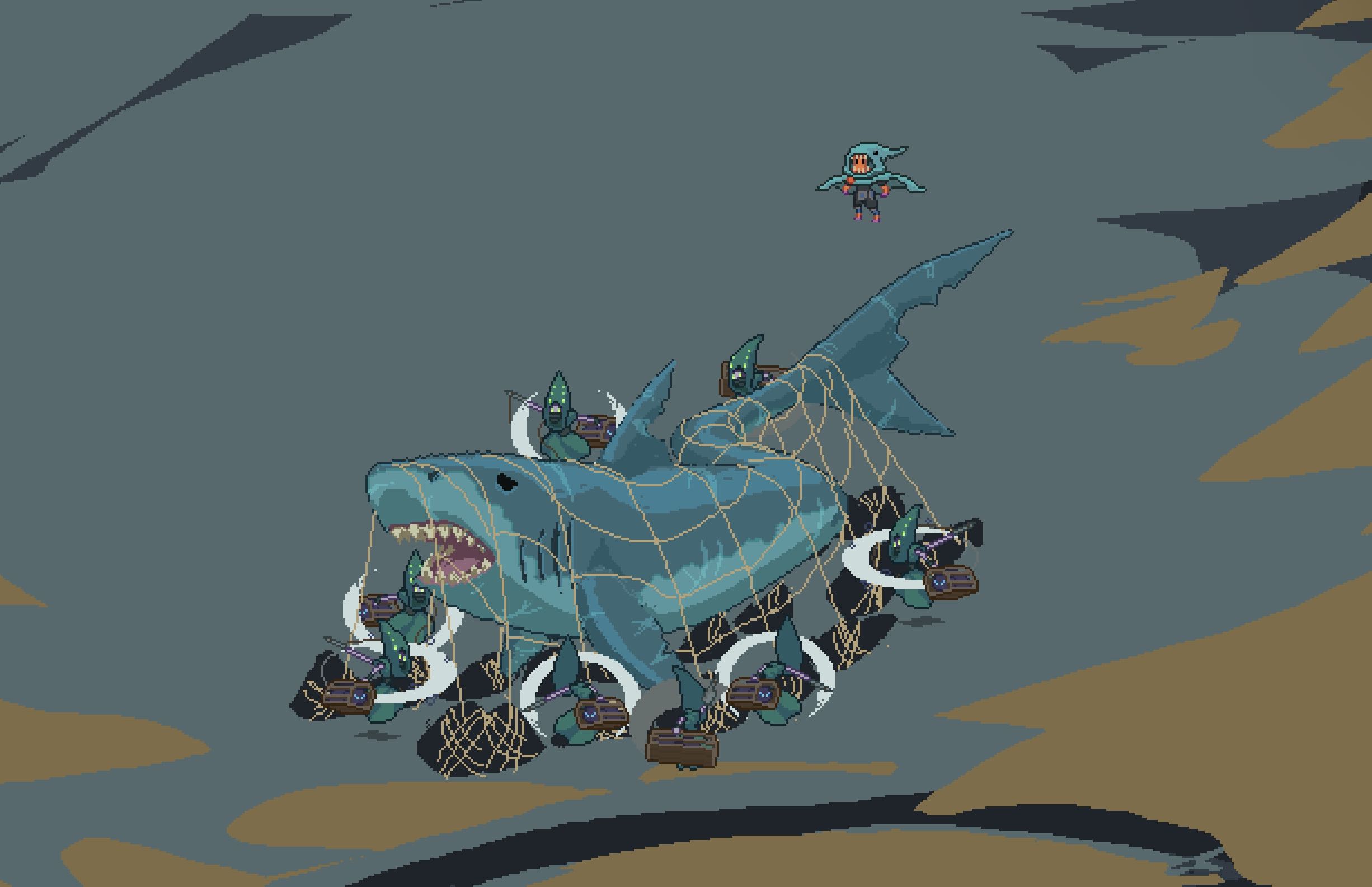 Screenshot from Tidespawn: a shark in the underwater landscape