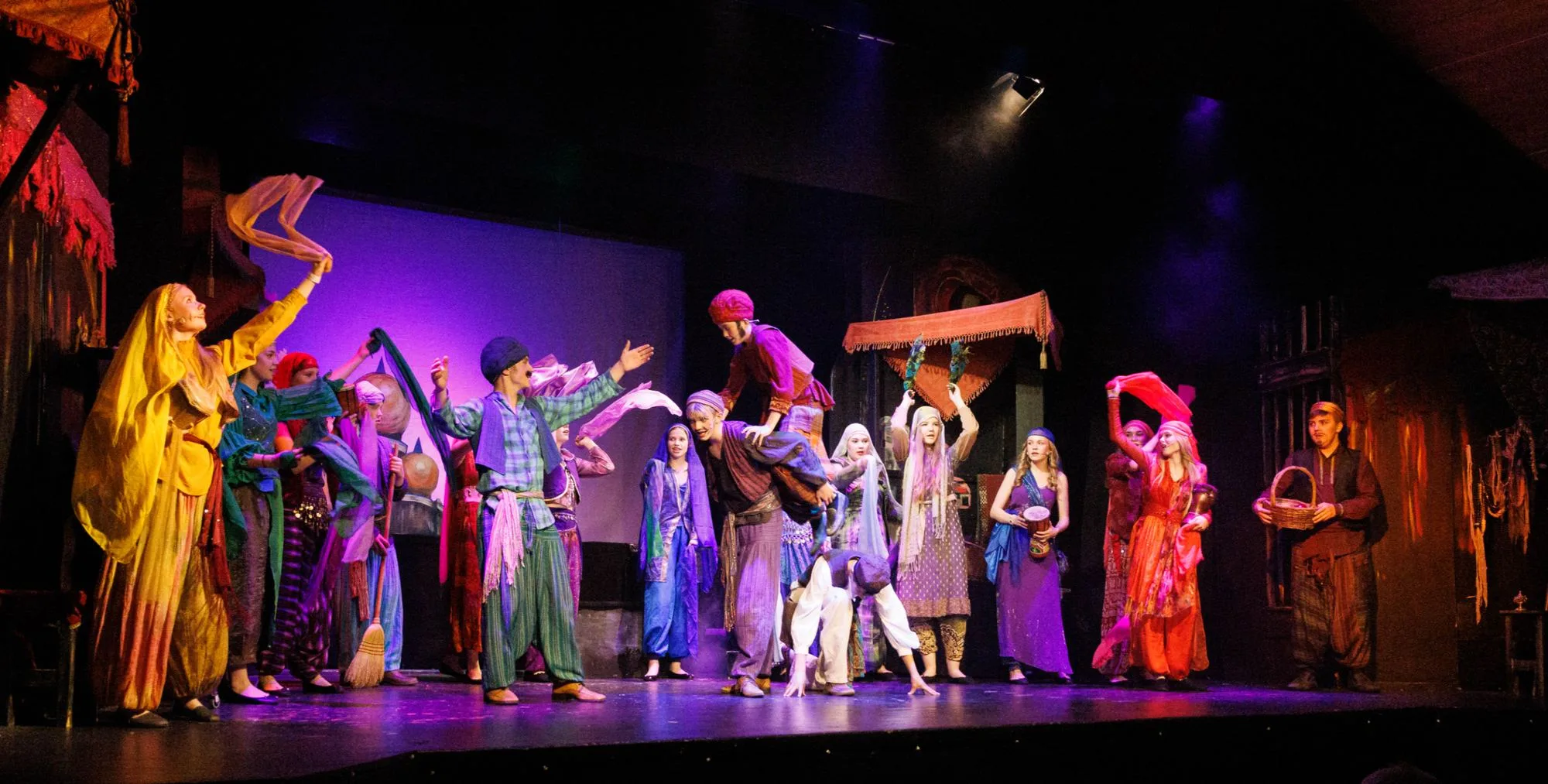 Young performers having fun on stage during a lively theater production on Nordøyane