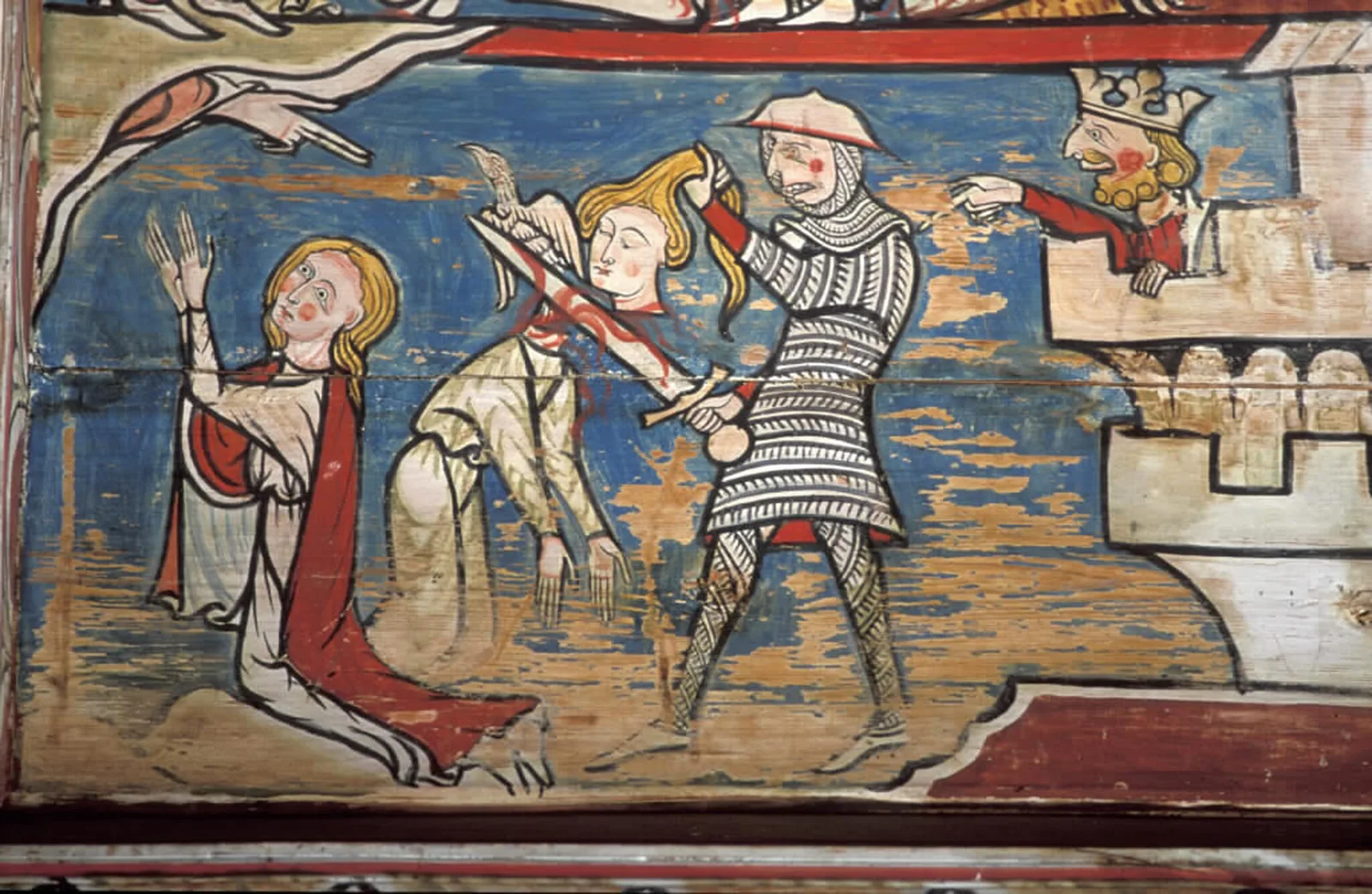 Medieval baldachin painting of the beheading of Saint Margaretha — a chainmail-clad executioner raises the blade, the prefect Olybrius watches from a battlement
