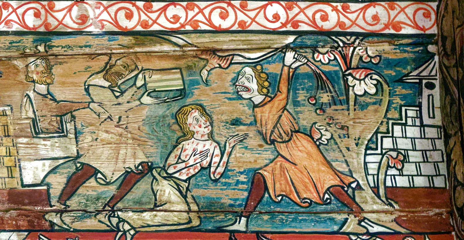 Medieval baldachin painting showing Saint Margaretha being scourged by a tormentor while a scribe records and Olybrius watches from a tower