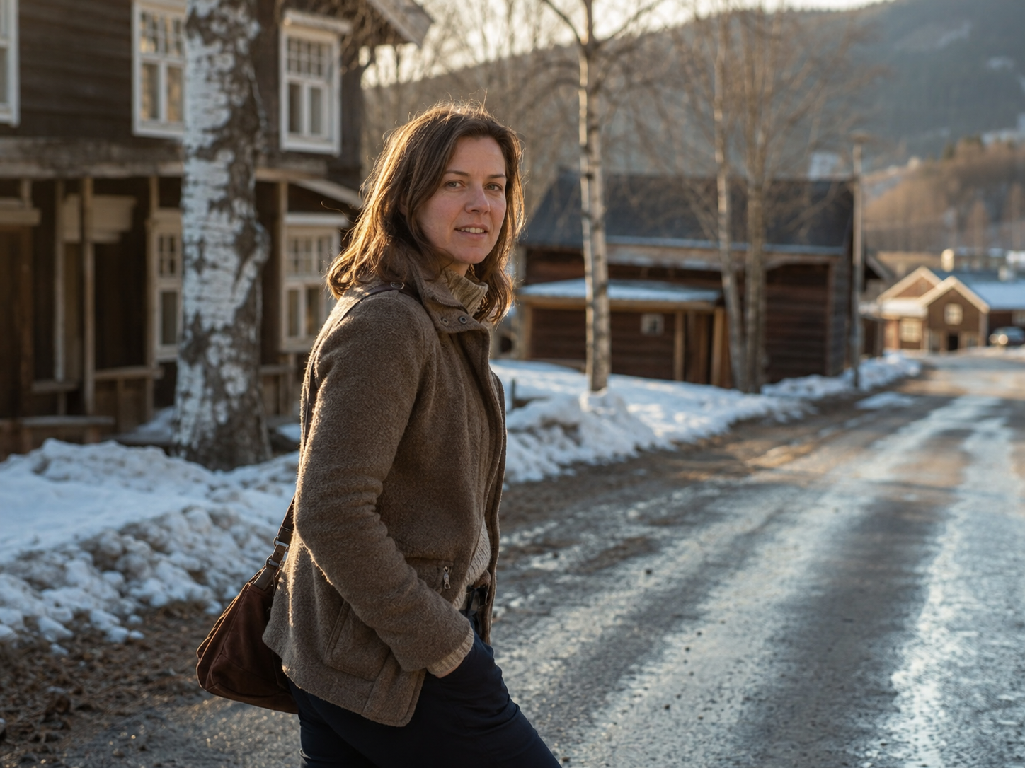 Anneke van der Meer on a Bergset street in late winter, low afternoon sun on the wooden buildings behind her