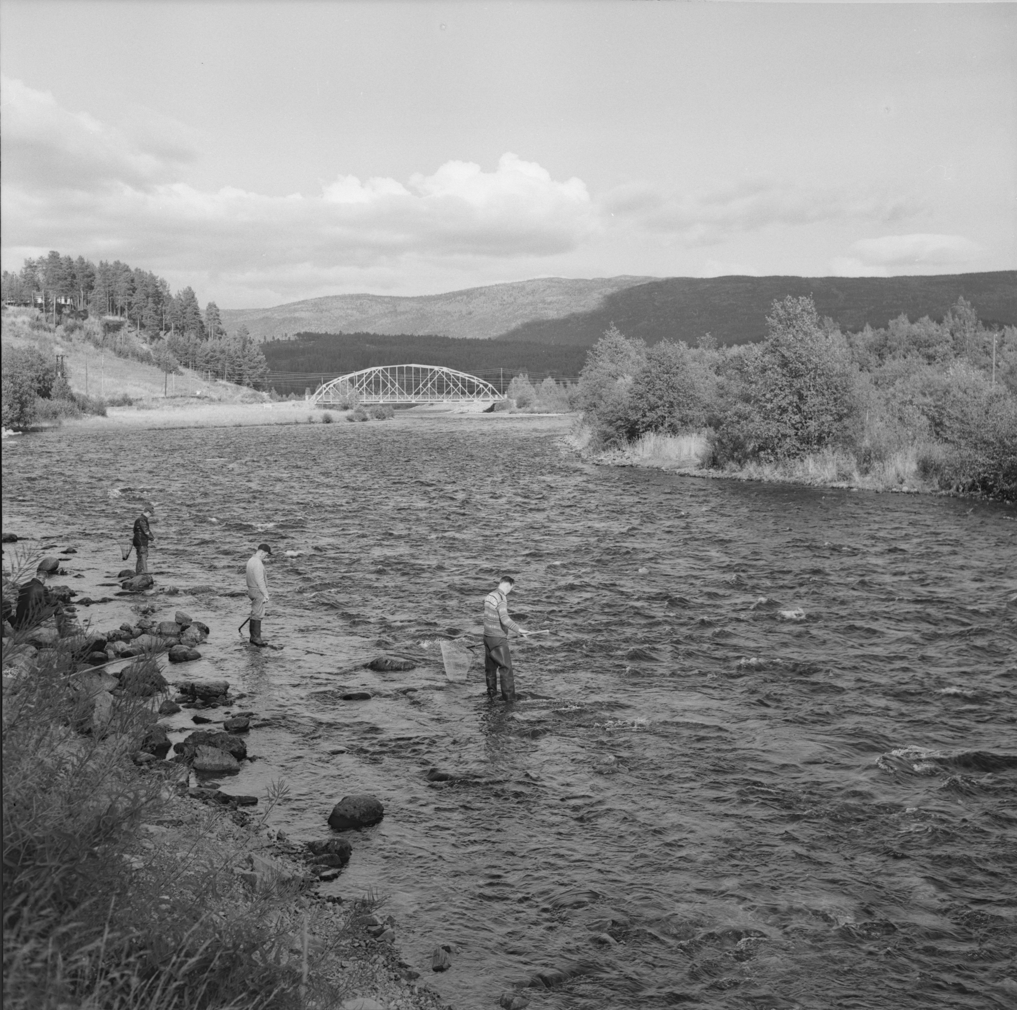 Three anglers fly-fishing in a Rendalen river, an arched bridge in the background — a historic photograph in black and white