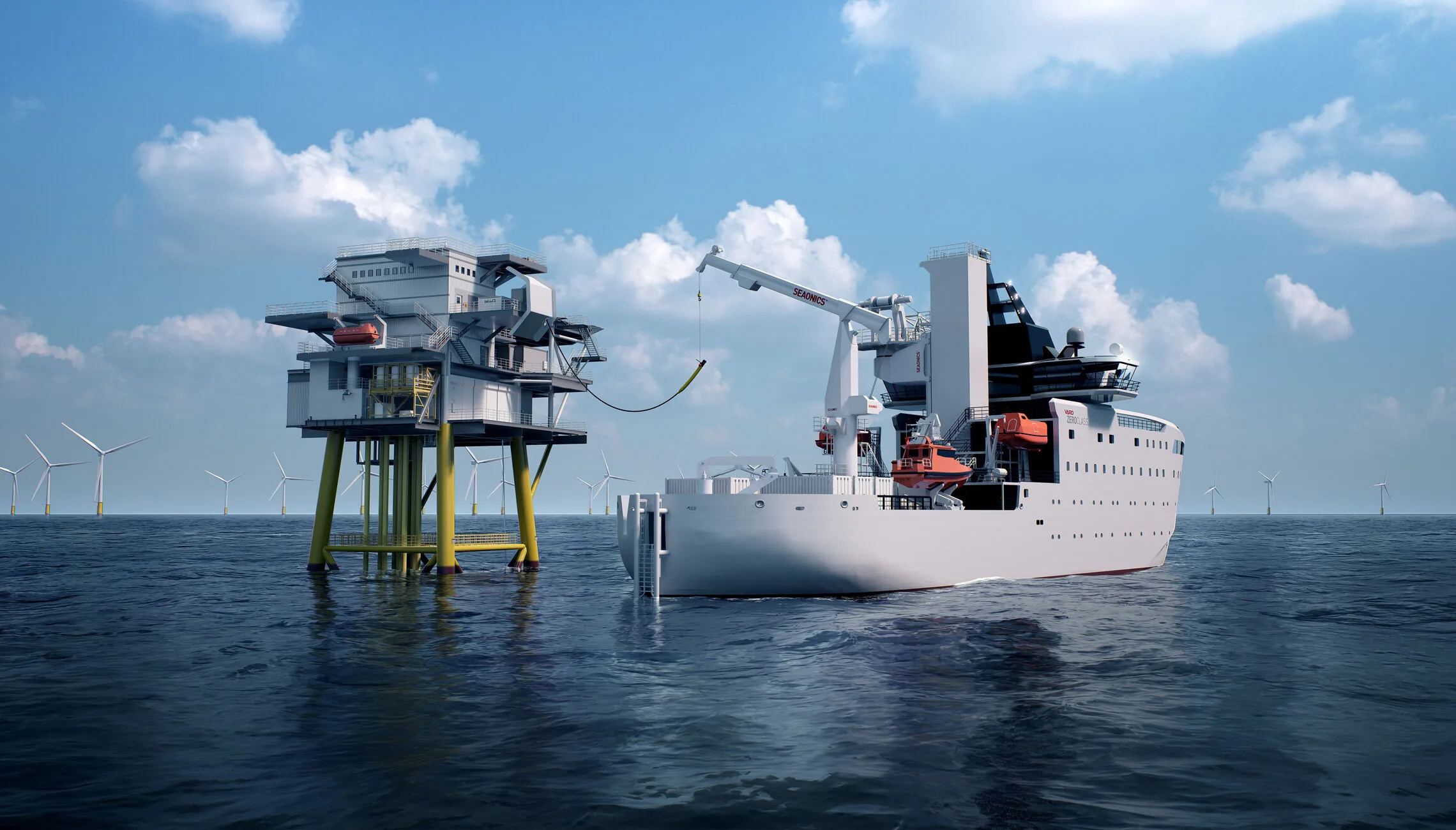 Illustration of an offshore service vessel connected to a platform by crane cable, with wind turbines in the background across the open sea.