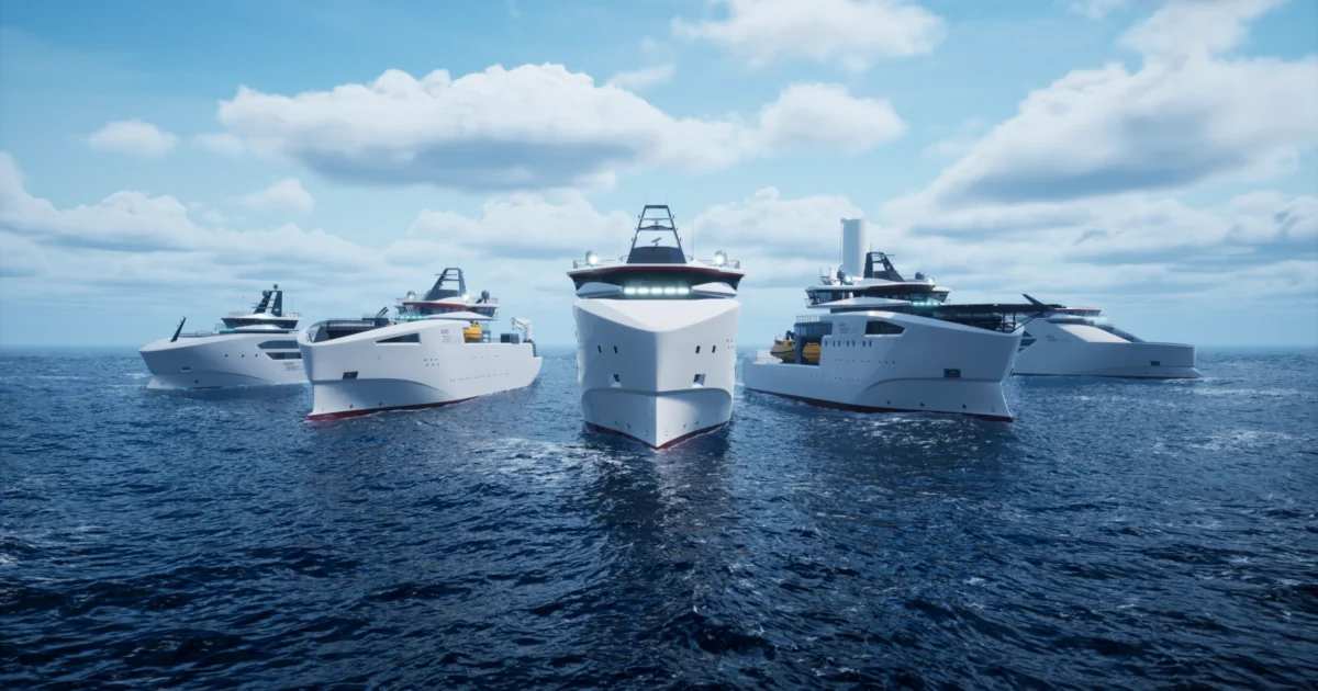 Three modern zero-emission vessel concepts sailing side by side on open water under a bright sky.
