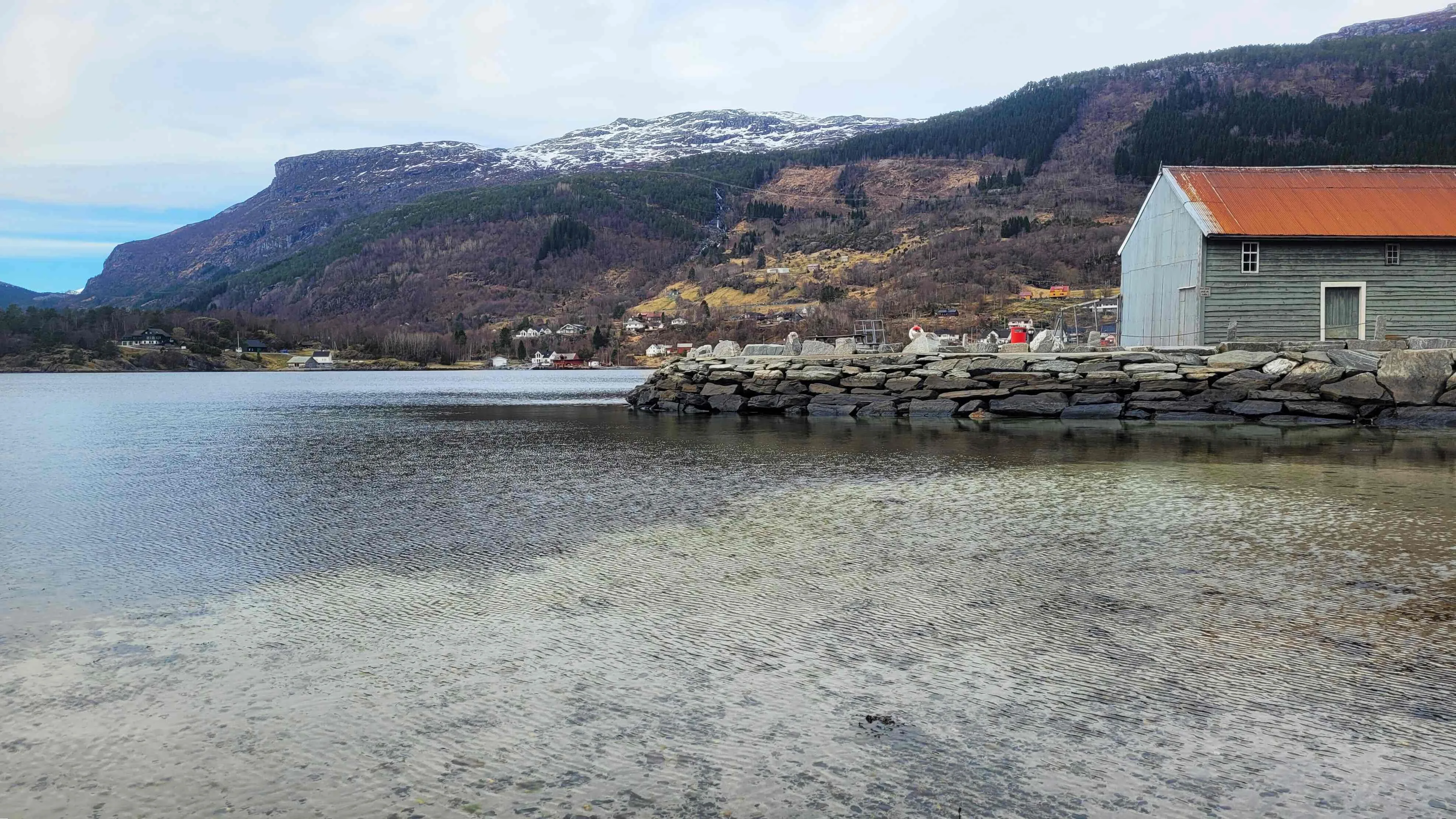 Scenic view of Eikefjord village and the fjord