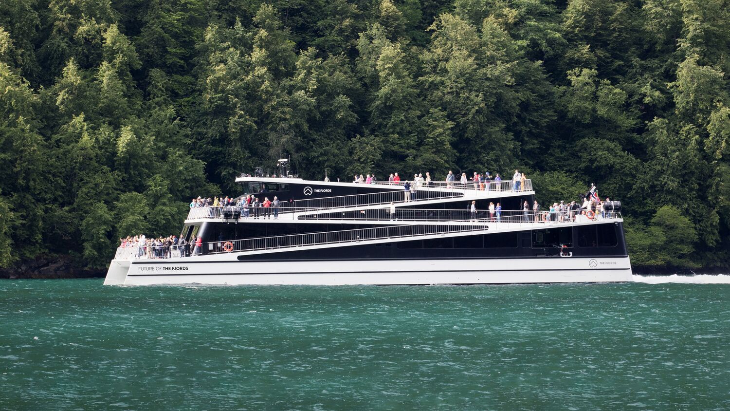 Future of the Fjords ferry by Brødrene Aa sailing through Hyefjorden