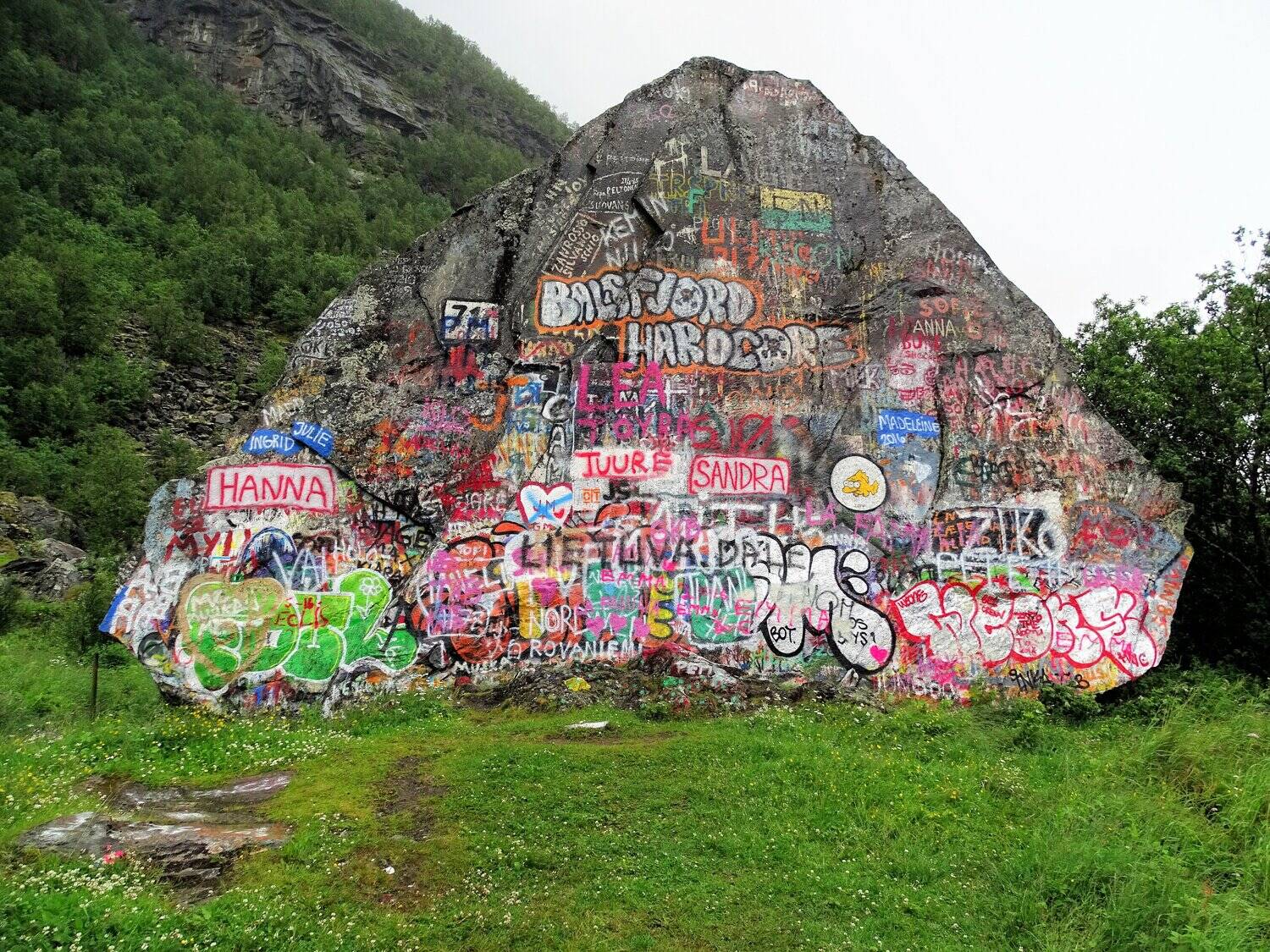 Piggsteinen rock covered with graffiti and names near Nordkjosbotn