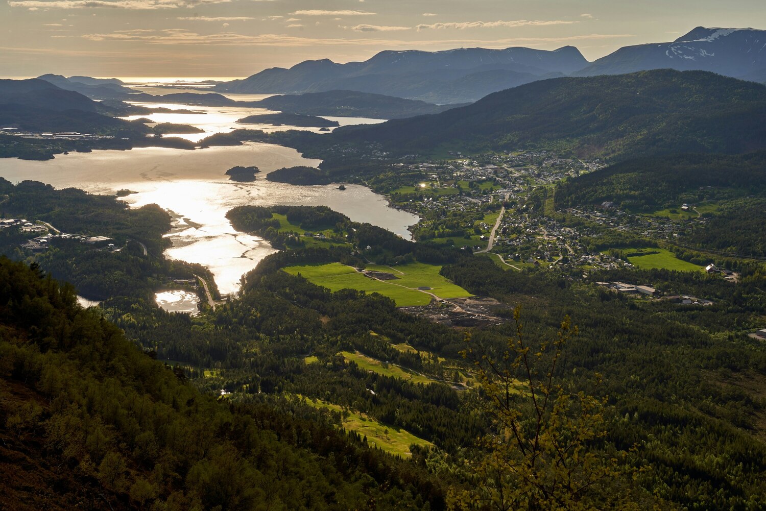 Sjøholt village with fjord and mountains
